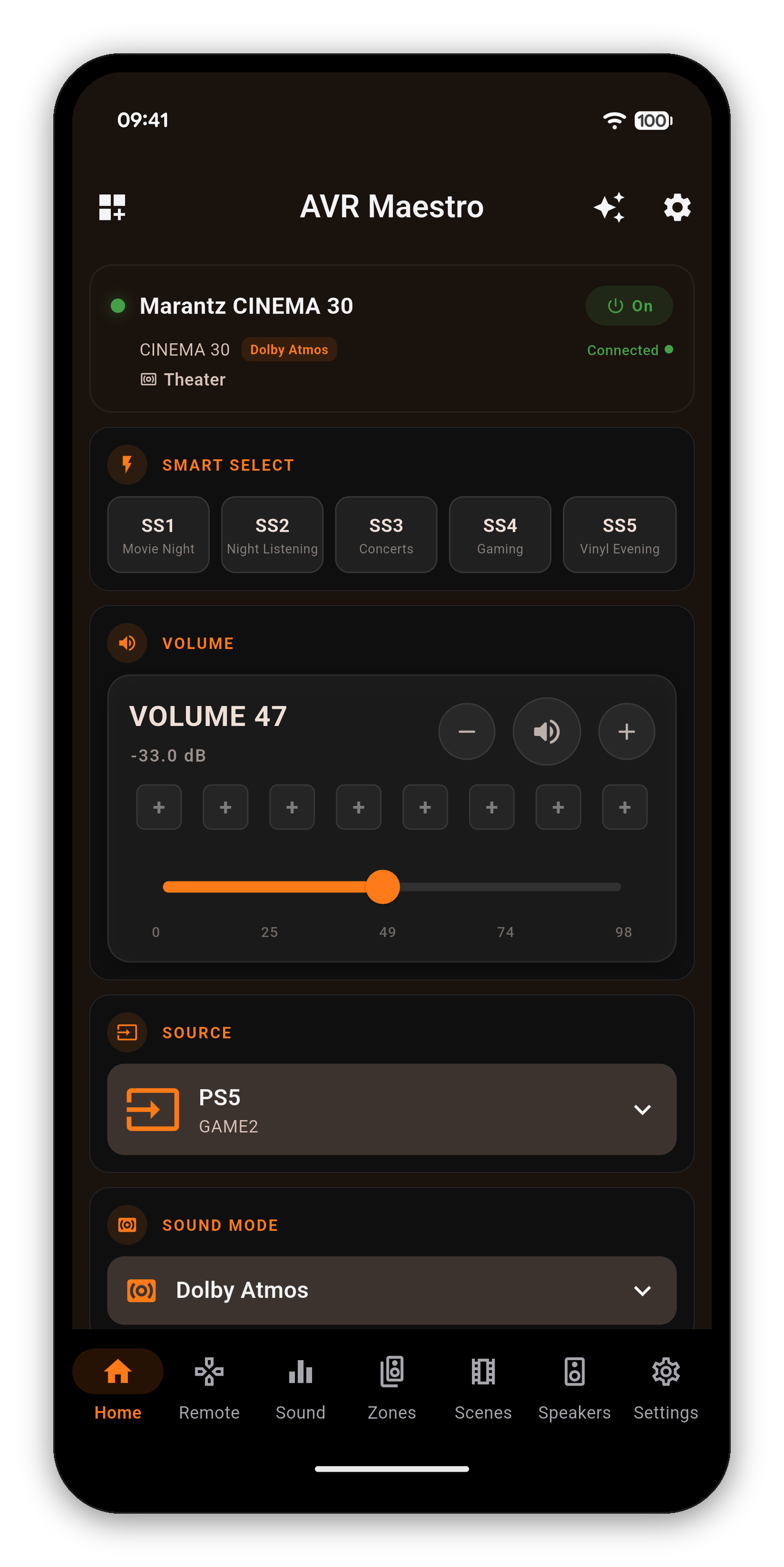 AVR Maestro Home screen on a Marantz CINEMA 30: named Smart Select slots, volume, source and sound mode