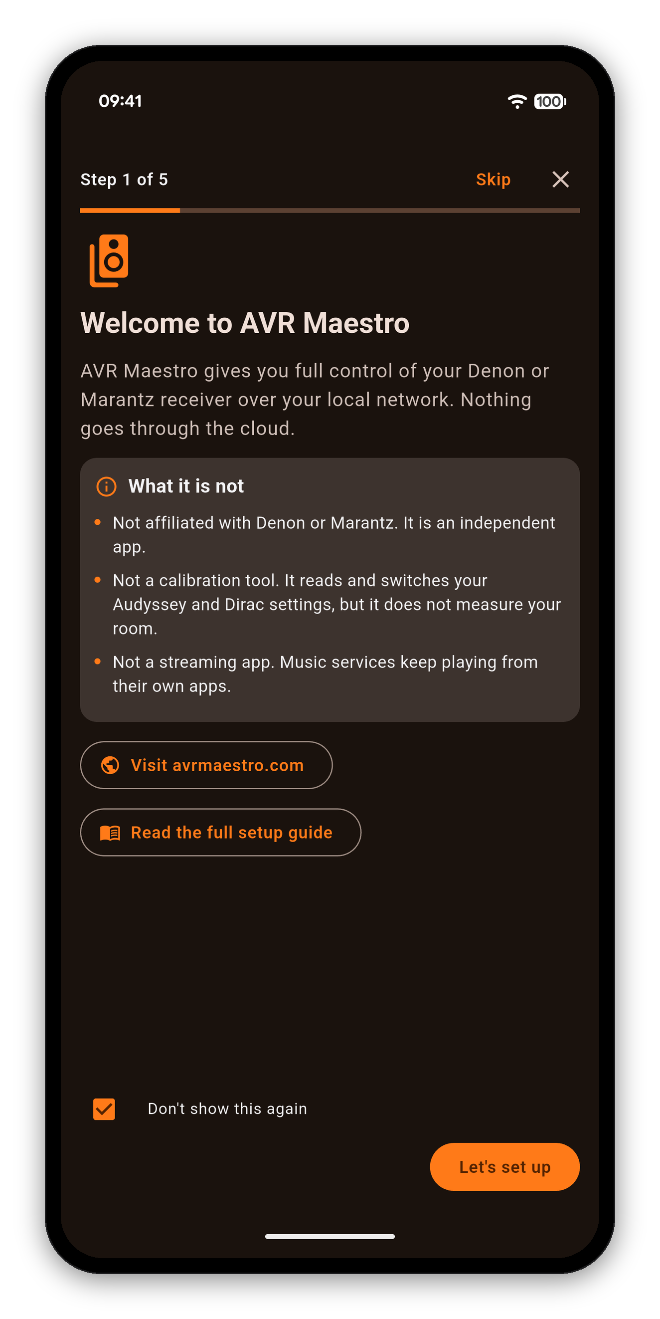 The first-launch welcome in AVR Maestro, step 1 of 5