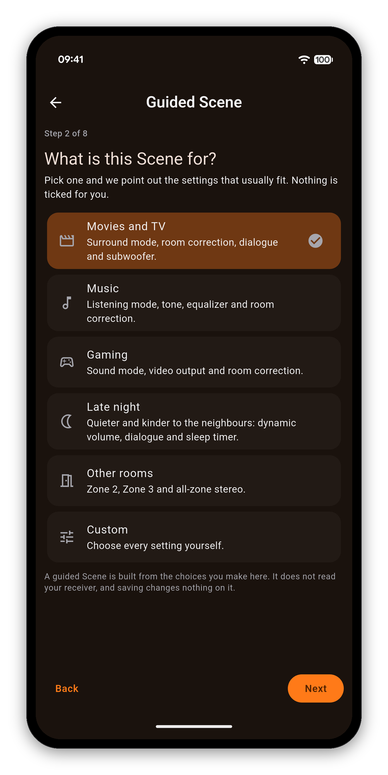 The Scene creator asking what the Scene is for: Movies and TV, Music, Gaming, Late night, Other rooms or Custom